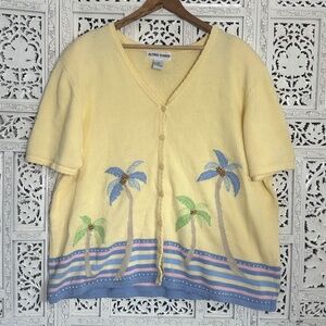 Vtg Alfred Dunner Yellow Palm Tree Tropical Nautical Short Sleeve‎ Cardigan